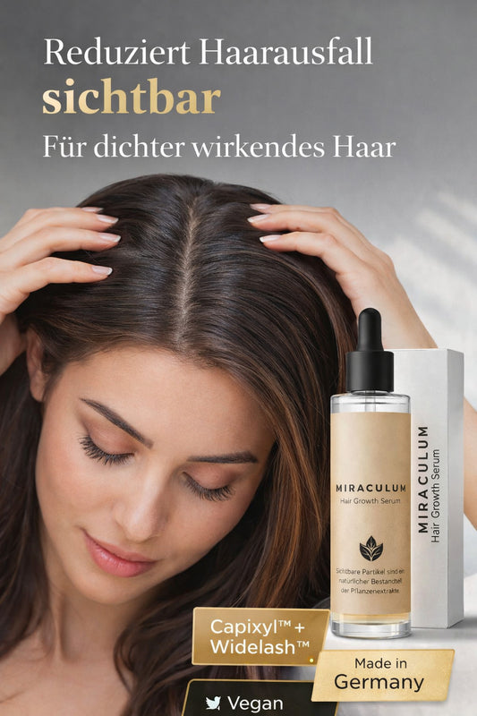 MIRACULUM Hair Growth Serum – Frau zeigt dichteren Scheitel, Haarpflege mit Capixyl und Widelash für sichtbar volleres Haar.