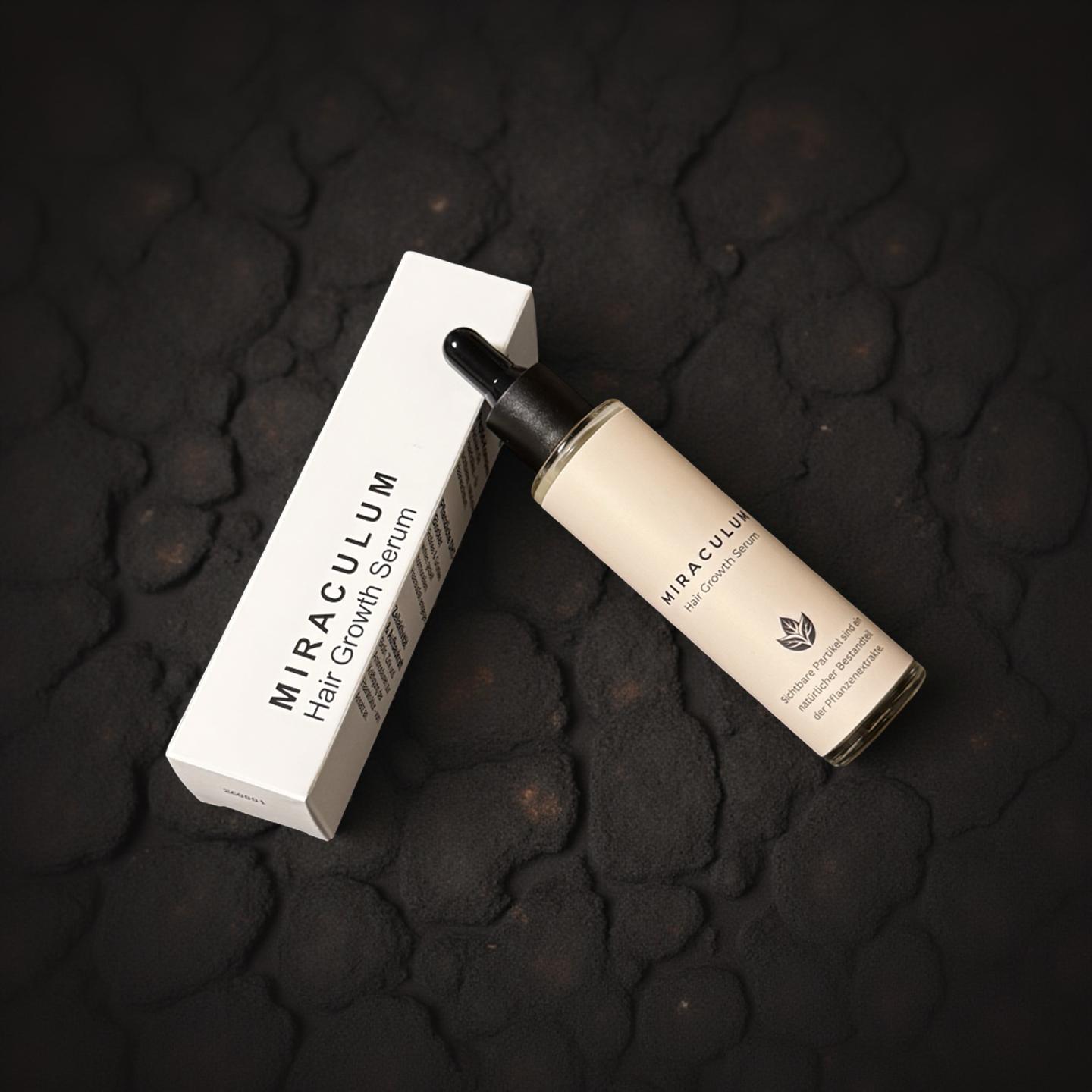 Dasifey MIRACULUM Hair Growth Serum – Flasche mit Pipette neben Produktverpackung auf dunklem Untergrund.